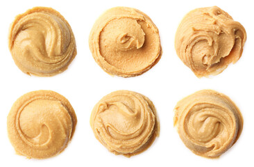 Yummy nut butter. Samples isolated on white, set. Top view