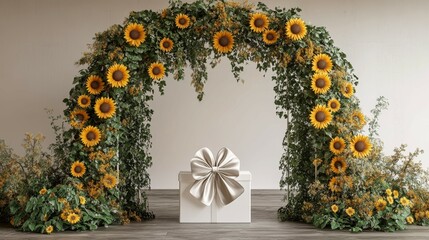 Picturesque sunflower arch with white gift box beneath silk bow