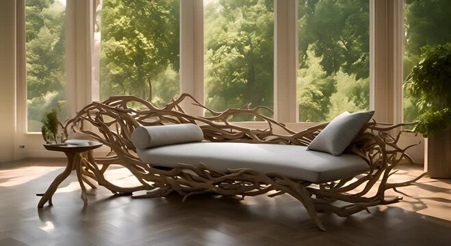 Sofa made of tree roots and branches in the center is an oversized chaise longue with large windows behind it 4K