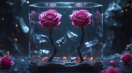 Enchanted Rose Display, Twin Pink Roses in Glass Case, Magical Flora, Dark Mystical Setting, Fantasy Art, Floral Preservation, Romantic Concept