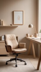 A peaceful home office still life featuring a light beige wooden desk, a beige ceramic mug, and a soft leather chair, with soft natural lighting and a shallow depth of field. Generative AI