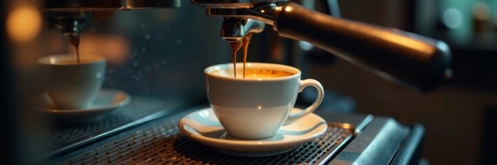 Coffee beans and grounds in machine, espresso pouring into waiting cup , coffee grounds, metal tray