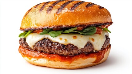 Grilled pizza-stuffed burger with fresh mozzarella spinach and tomato sauce isolated on white. Generative AI