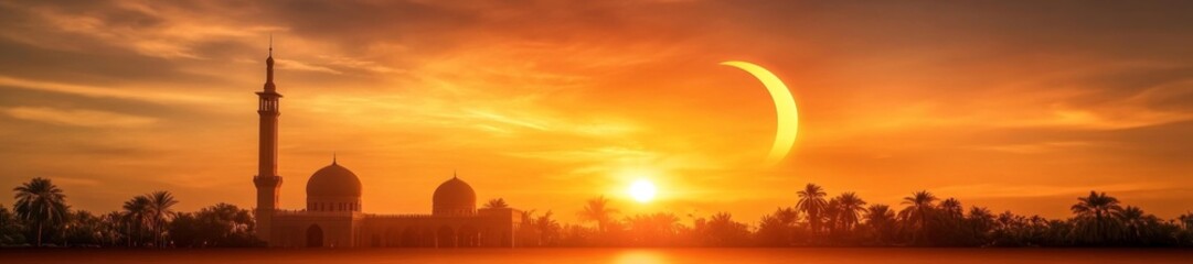 Fototapeta premium A Beautiful Sunset Scene with the Silhouette of a Mosque and a Crescent Moon Rising. Generative AI