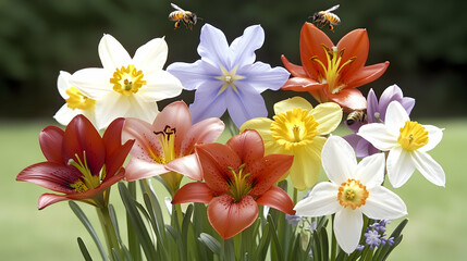 Naklejka premium Spring blossoms, bees pollinating, garden, green background