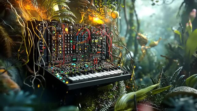 A vibrant synthesizer surrounded by lush jungle foliage, illuminated by soft, ambient light