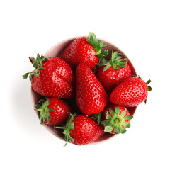 Bowl with sweet fresh strawberries on white background