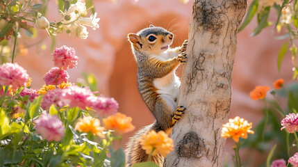 Fototapeta premium Squirrel climbing tree in vibrant spring garden