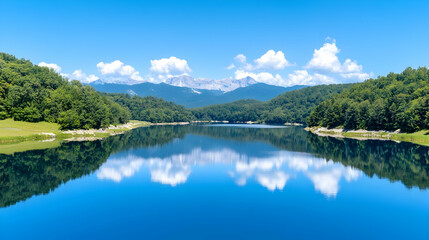 Serene mountain lake reflecting sky, idyllic summer landscape, nature travel poster
