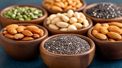 Fototapeta premium Selection of nuts and seeds in wooden bowls on a dark stone surface. Generative AI
