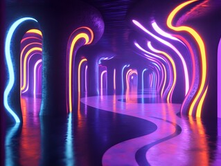 Fluorescent swirls in a dark futuristic setting