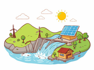 Fototapeta premium Sustainable Energy Production: Hydroelectric Power and Solar Energy