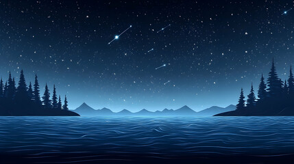 Fototapeta premium Starry Night Lake, Mountain Silhouette, Peaceful Scene