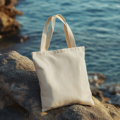 Naklejka premium blank tote bag by the ocean