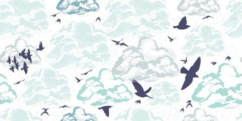 Fototapeta premium Clouds seamless background with flying birds. hand drawn. Not AI, Vector illustration.