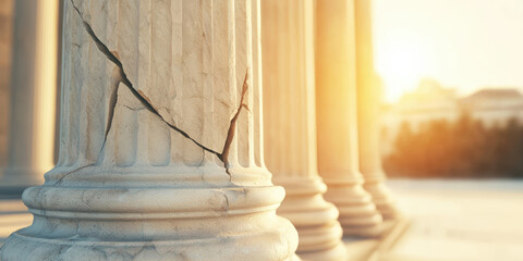 Cracked Broken justice stone pillar in vintage courthouse, creative concept crumbling legal system. 