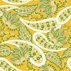 Colorful Paisley wallpaper. Vector Indonesian batik. Bright classic indian fabric. Paisley wallpaper. Ethnic background with paisley and stylized flowers. For textile, cover, wrapping paper, fabric