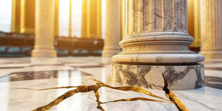 Cracked Broken justice stone pillar in vintage courthouse, creative concept crumbling legal system. 