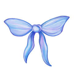 Blue bow. Illustration isolated on white background. High quality hand painting vintage ribbon illustration. Gift bows, oil brush