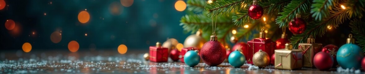 Fototapeta premium Colorful toys scattered around Christmas tree branches with festive lights and ornaments, fun, festive atmosphere