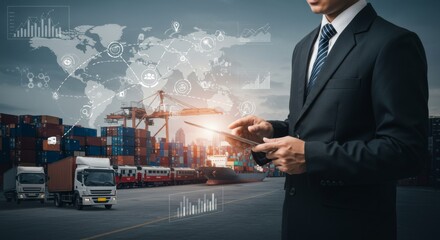 Global Supply Chain Management: Professional Businessman Using Digital Tablet Analyzing Logistics Network with Data Visualization, Container Port Background with Ships, Trucks and Cargo Infrastructure