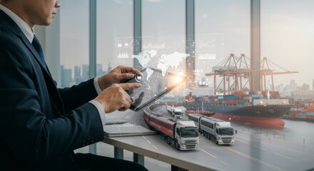 Global Supply Chain Management Professional Using Digital Technology for Smart Logistics Operations with Container Ships, Trucks and Data Analytics in Modern Port Terminal Setting