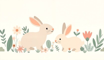 Obraz premium Two rabbits sitting opposite each other on the background of a flower garden