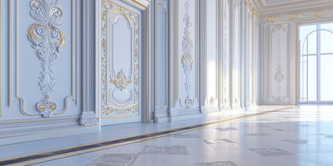 Elegant baroque room with carved vintage retro door. Ornate interior room classic design, antique furnishing, moldings and bas-reliefs