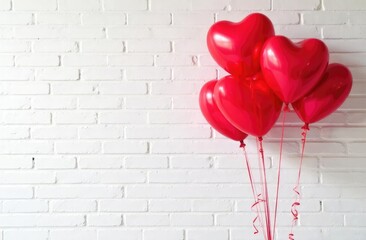 Heart-shaped balloons for Valentine's Day near white brick wall in room