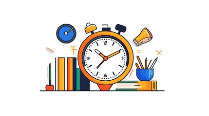 Vibrant Vector Illustration: Back to School Alarm Clock and Supplies AI Generated