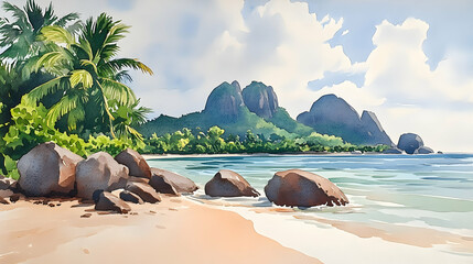 Tropical beach scene, palm trees, rocky shore, ocean view