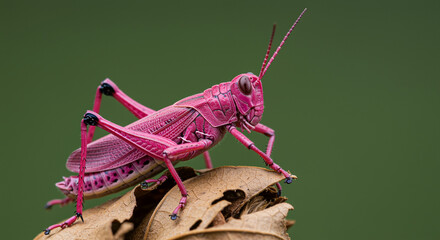Rare pink grasshopper sitting on a leaf in natural light