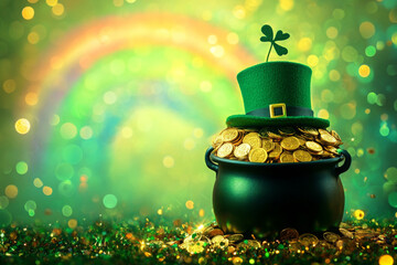 traditional st patrick day cauldron full of golden coins, rainbow behind, green beer, leprechaun hat , blurred confetti flying around, isolated on a green background 