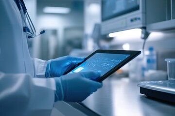 Obraz premium Healthcare professional using a tablet to analyze patient data in a modern medical facility during the daytime