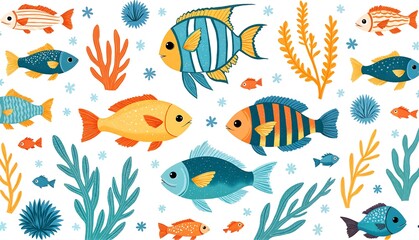 Colorful fish swimming among underwater plants