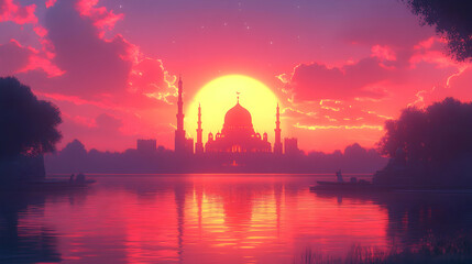 Fototapeta premium Sunset Mosque Lake Silhouette, Vibrant Sky
