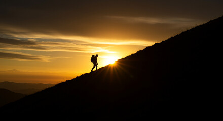 Silhouette of a person walking along a mountain ridge at sunset