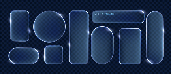 Neon glass futuristic transparent frames with glowing edges. Geometric figures with realistic translucent effect.
