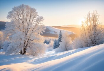 Obraz premium serene winter landscape featuring dreamy snow capped trees amidst tranquil scenery, nature, forest, cold, white, frost, snowflakes, woodland, branches