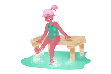 Vintage Swimsuit Girl Sitting on Dock Illustration