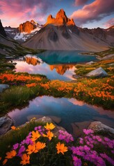 Naklejka premium vibrant sunrise over majestic mountain peaks casting dynamic shadows illuminating splendor, glow, nature, landscape, scenery, summit, sky, golden, light