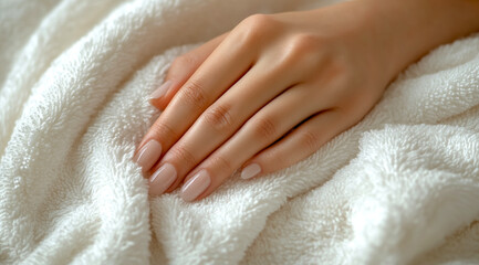 Elegant hands with well-groomed nails resting on a soft white towel in a serene spa-like setting, showcasing relaxation and beauty rituals