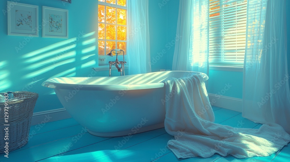 Poster Bathtub with towel in bright blue bathroom with sunny window