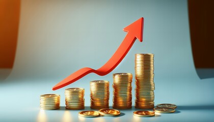 Gold coins stacked in ascending order with a red arrow indicating growth, symbolizing financial success and economic prosperity.
