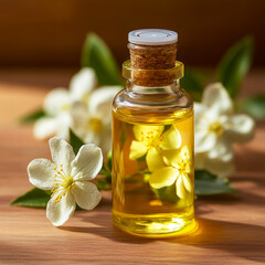 Discover soothing tranquility with jasmine essential oil in a serene setting, surrounded by delicate blossoms capturing the essence of nature's beauty and calm