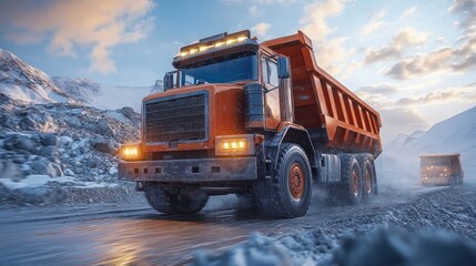 Orange dump truck on snowy mountain road at dawn, with secondary truck in background, transportation