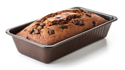 Moist Chocolate Chip Loaf Cake in Baking Pan Isolated on White Background