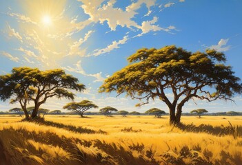 Fototapeta premium expansive savannah landscape featuring scattered acacia trees under clear blue sky, grassland, ecosystem, wildlife, safari, nature, view, horizon, scenery