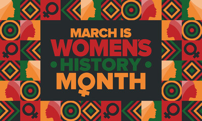 Fototapeta premium Women's History Month. Celebrated annual in March, to mark women’s contribution to history. Female symbol. Women's rights. Girl power in world. Poster, postcard, banner. Vector illustration