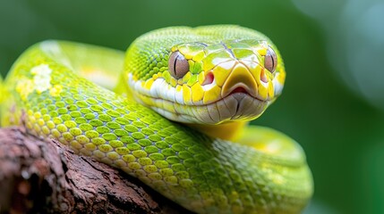 Fototapeta premium Green tree python coiled on a wooden branch in a lush rainforest during the day.